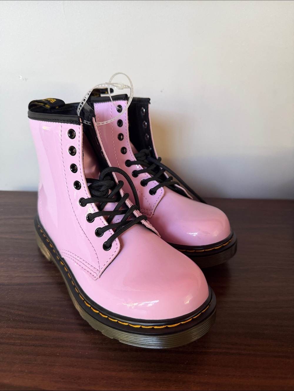 Dr. Martens Pink Patent Lace-Up Boots with Black Trim